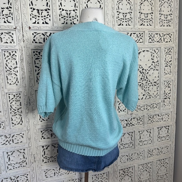 Vtg Light Blue Floral Embroidered Textured Grannycore Short Sleeve Sweater Sz M - Picture 5 of 7